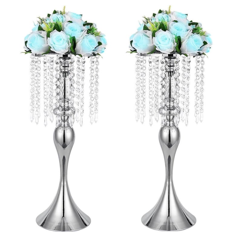 Lovecat Metal Wedding Centerpieces for Table, Crystal Flower Stands, Wedding Road Lead Flower Holders, Crystal Mermaid Chandelier Flower Vases for Birthday Party Event Wedding Home Decor (Silver, 21.3"-2pcs) - Image 1